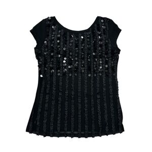 Lauren Michelle Black Sequin Ruffle Front Cap Sleeve Top Medium Cocktails Party